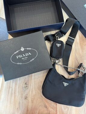 Neiman Marcus Black Shoulder Bag with Silver Chain. Box and bag included